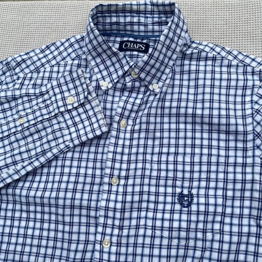 Chaps Embroidered Mens Blue White Plaid Long Sleeve Button Down Shirt Size Small